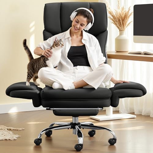 FelixKing Big and Tall Office Chair, 400LBS Wide Leather Executive Chair, Reversible Armrest for Pets Criss Cross Legged, 135° Reclining High Back Gaming Desk Chair with Lumbar Support Footrest, Black