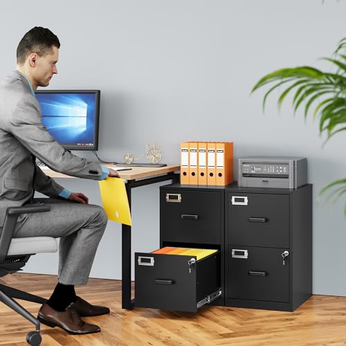 SISESOL 2 Drawer File Cabinet with Lock,Narrow Vertical Filing Cabinet,Under Desk File Cabinets,Black Metal File Cabinets for Home Office,Fit Letter/A4/Legal Size File, Easy Assembly