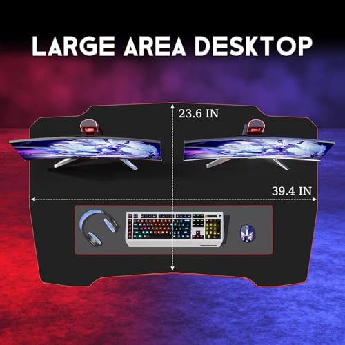XXkseh 39 Inch Z-Shaped Computer Desk with Headset Hook - Ergonomic Small Gaming Table, MDF Desktop and Metal Frame, Red