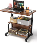 QZMDSM Portable Rolling Desk on Wheels Adjustable Height Desks for Small Spaces, 32" Computer Desk Drafting Tables with Storage Shelves for Home Office Rustic