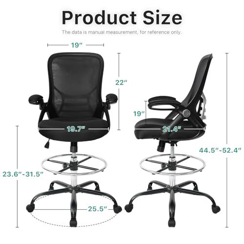 HYLONE Drafting Chair Tall Office Chair High-Back Mesh Standing Desk Stool with Adjustable Footrest Ring and Flip-Up Arms Black