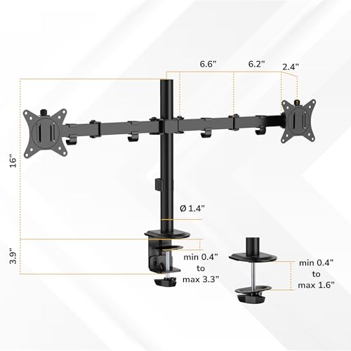 Mount-It! Dual Monitor Stand, Full Motion Desk Mount for 2 Screens up to 32” and 19.8 lbs Each, Tilt Swivel Rotate, VESA 75x75 & 100x100, Adjustable Dual Screen Arm with C-Clamp or Grommet