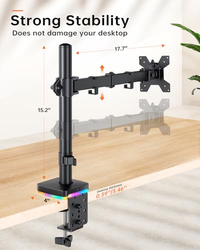 RGB Single Monitor Stand, Monitor Arm with 3 USB Ports, Charging and USB Data Transfer Function, Adjustable Desk Mount for 13"-27" Monitors up to 17.6lbs, VESA 75x75mm 100x100mm, Ergonomic Design