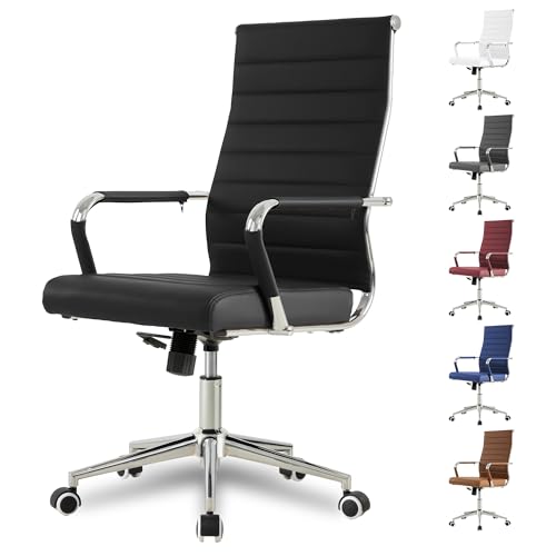 Okeysen Office Desk Chair, Ergonomic Leather Modern Conference Room Chairs, Executive Ribbed Height Adjustable Swivel Rolling Chair for Home Office. (Black)
