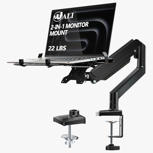 WALI Laptop Desk Mount, Single Monitor Arm with Laptop Holder, Adjustable Height Laptop Arm Mount for Desk, Fits 17” Notebook and 34” Monitors, Up to 22-26.4Lbs (GSMP001LPN), Black