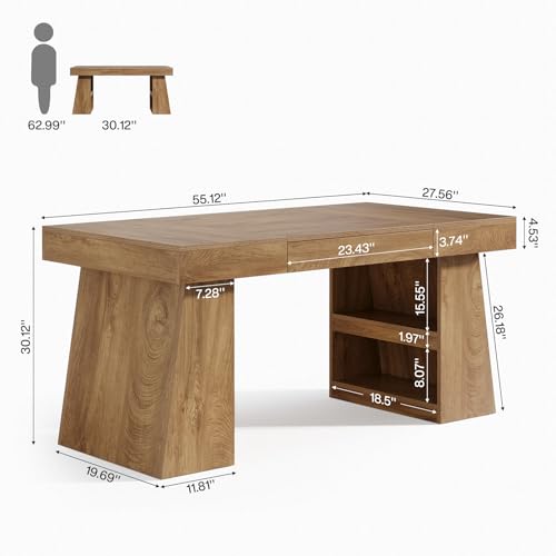 Tribesigns 55-Inch Executive Desk with Drawer, Large Office Computer Desk with Double Pedestal and Storage Shelves, Farmhouse Wooden Writing Table Workstation Business Furniture for Home Office, Brown