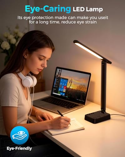 LED Desk Lamp with Power Strip, 3 AC Outlets & 4 USB Ports (2 USB-C), Stepless Dimming & 2800K-6500K Eye-Caring Desk Light, Foldable Table Lamp with 5FT Cord for Home Office, Dorm Room Essentials