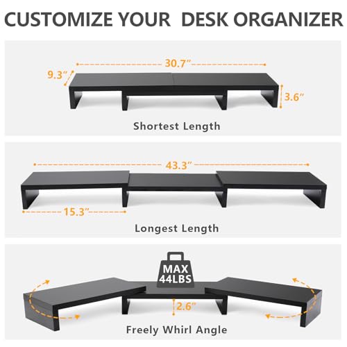 TAVR Dual Monitor Stand Riser Office Desktop Organizer Stand for 2 Monitors, Adjustable Length and Angle 3 Shelf, Extra Long Multifunctional Wooden Stand up to 43.3" fit Computer, Laptop, TV, Black