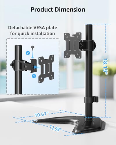 MOUNTUP Single Monitor Stands, Freestanding VESA Monitor Desk Mount fits 13'' to 32'' Computer Screen with Height Adjustable, Swivel, Tilt, Rotation, 17.6 lbs Load, For Home Office, VESA 75x75/100x100