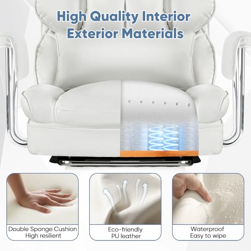 DUMOS Home Office Desk Executive Chair - Ergonomic Big Tall High Back with Footrest & Lumbar Support, Reclining Height Adjustable, Comfy PU Leather Computer Gaming with Swivel Wheels, White