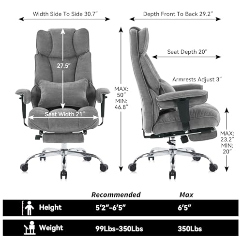 Efomao Executive Office Chair, Soft-Cushioned Computer Chair with Foot Rest, Fabric Home Office Desk Chairs, Big and Tall Office Chairs, Grey