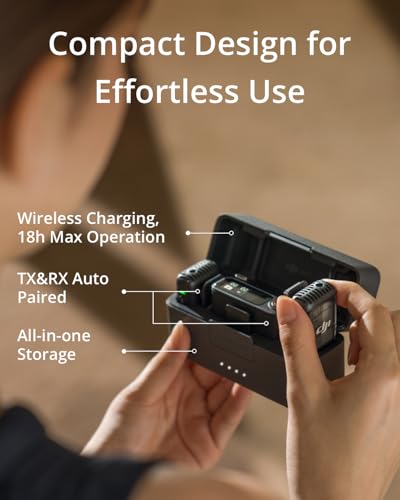 DJI Mic 2 (2 TX + 1 RX + Charging Case), All-in-one Wireless Microphone, Intelligent Noise Cancelling, 32-bit Float Internal Recording, 250m (820 ft.) Range, Microphone for iPhone, Android, Camera