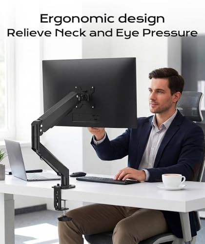 Pholiten Single Monitor Mount, Fully Adjustable Gas Spring Single Monitor Arm for up to 35 inch Screens, Computer Monitor Stand for Desk Holds up to 24lb, VESA 75/100mm, Black