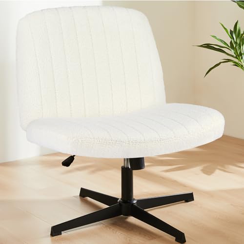 Sweetcrispy Criss Cross Chair Legged, Furry Armless Office Swivel Desk Chairs No Wheels, Vanity Height Adjustable Wide Seat Comfy Cute Computer Task Chair for Home Bedroom, Teddy Beige