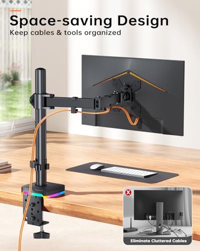 RGB Single Monitor Stand, Monitor Arm with 3 USB Ports, Charging and USB Data Transfer Function, Adjustable Desk Mount for 13"-27" Monitors up to 17.6lbs, VESA 75x75mm 100x100mm, Ergonomic Design