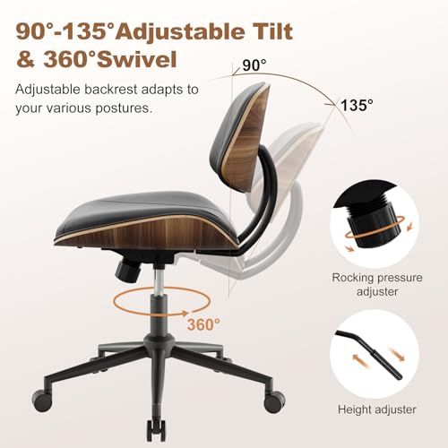 BERYTH Armless Office Chair with Wheels, PU Leather Adjustable Height Desk Chair - 360° Swivel Ergonomic Computer Chair for Small Space, Modern Walnut Style, Home & Meeting Room, Black