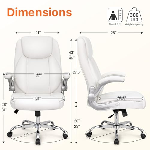 NEO CHAIR Office Desk Gaming Computer Home Chair Ergonomic Executive High Back Support Flip-up Arms Adjustable Height Swivel Rolling Wheels Comfy PU Leather (White)