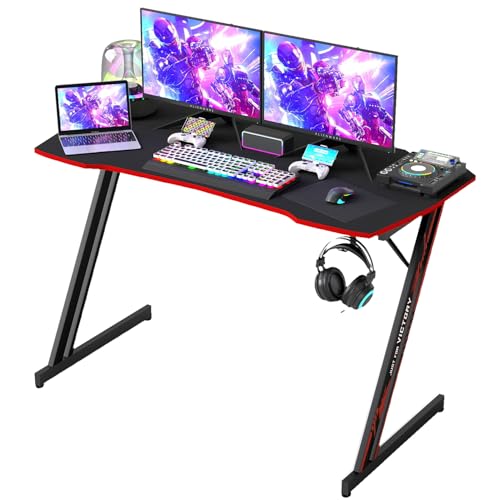BestOffice Gaming Desk Z Shaped 47 inch PC Computer Desk Computer Workstation Ergonomic Gaming Table with Headphone Hook for Game Players, Black&Red