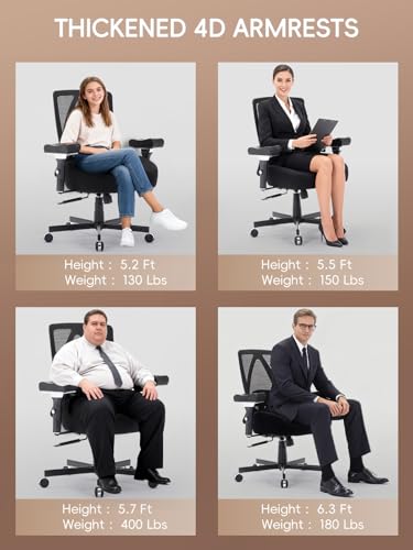 Big and Tall Office Chair 700lbs, Ergonomic Desk Chair with W Wide Thick Cushion, Executive Mesh Office Chair with Adjustable Lumbar Support & 4D Armrest, Computer Task Chairs for Heavy People, Black