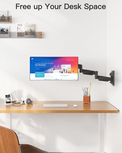 ErgoFocus Long Arm Monitor Wall Mount for Max 32 inch Computer Screen, Extra Long Adjustable Single Wall Mount Monitor Arm, Full Motion Vesa Wall Bracket 100x100, Hold up to 17.6lbs, Black
