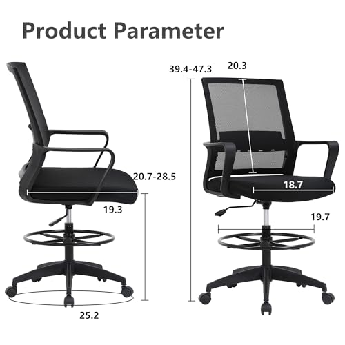 PayLessHere | Drafting Chair | Black | Tall Office Chair with Adjustable Seat Height & Footrest, Ergonomic Mesh Back, Lumbar Support, 360 Degree Swivel Rolling Wheels | for Workspaces & Home Office