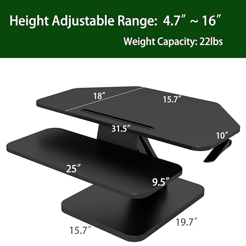 Lubvlook 32 inch Corner Standing Desk Converter, Height Adjustable Sit Stand Desk Riser with Keyboard Tray, Black, GSD76
