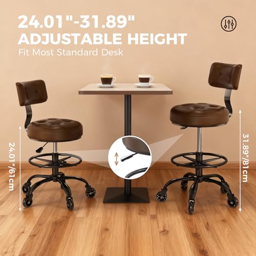 FREEKYROCK Office Drafting Chair with Footrest, Tall Height Adjustable Stool with Back Support, Heavy Duty Rolling Stool Chair with Wheels for Office Home Kitchen Bar Shop Guitar Studio Vanity, Brown