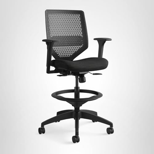 HON Solve Standing Desk Chair with Breathable ReActiv Mesh Back, Adjustable Lumbar Support and Footring, Ergonomic Task Stool with Height Adjustable Arms for Sit‑Stand Workstations, Black