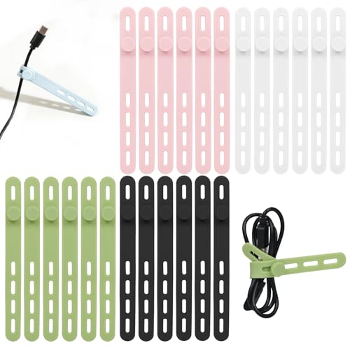 Donruby 24Pcs Silicone Cable Ties - Reusable & Washable with Locking Buckles, Adjustable Fastening Cable Management Straps, Multi-Purpose High Elasticity Cord Organizer (4 Colors)
