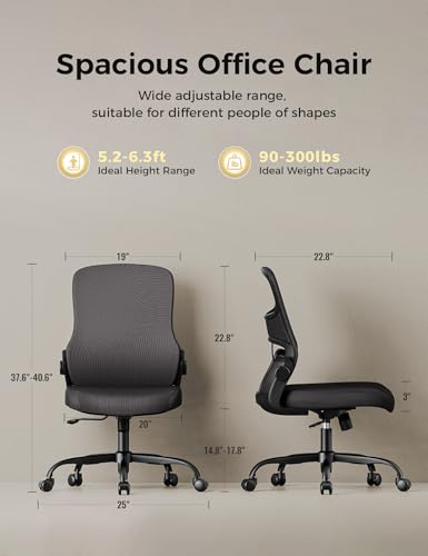 Deroavixe Office Chair, Mesh Ergonomic Desk Chairs, Lumbar Support, Adjustable Height, Armless, Swivel Function and Smooth-Rolling Wheels for Home, Office and Gaming (Black)