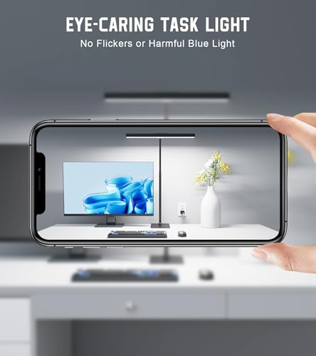 Kaulsoue Desk Lamp for Home Office with Base, Eye-Caring Desk Light with Adjustable Gooseneck, 12W USB Adapter Touch Control 5 Dimmable Brightness & Color Tall Lamp for Work, Computer, Study, Task