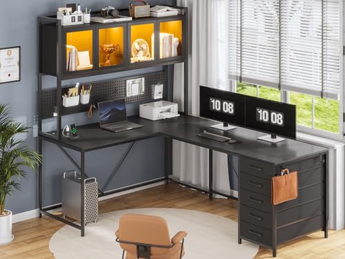 SEDETA L Shaped Gaming Desk with Drawers, L Shaped Computer Desk with Hutch and Storage Shelves, Gaming Desk with Pegboard, Led Lights, and Power Outlet, Home Office Desk, Corner Desk, Black
