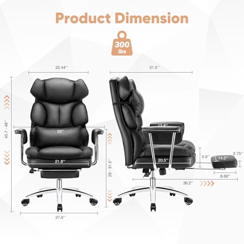 Sweetcrispy Executive Home Office Desk Chair - Ergonomic Big Tall High Back with Footrest & Lumbar Support, Reclining Height Adjustable, Comfy PU Leather Computer Gaming with Swivel Wheels, Black