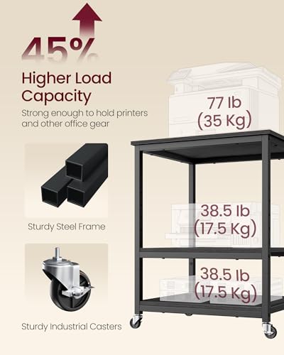 VASAGLE Printer Stand with Locking Wheels, Industrial Mobile Cart, Under Desk Printer Table for Home Office, 23.6 x 19.7 x 29.6 Inches, Storage Shelf, 3-Tier, Ebony Black
