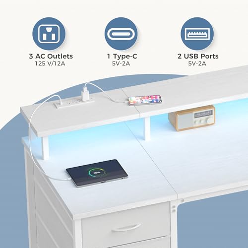 DUMOS 47 Inch Computer Desk 4 Drawers Gaming Desk Power Outlets LED Lights Office Workstation Small Spaces Monitor Shelf Writing Table Home Office Bedroom Study White