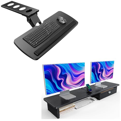 HUANUO Keyboard Tray, Large Dual Monitor Stand with Drawer
