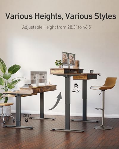 CubiCubi 55" x 30" Standing Desk with Drawers, Height Adjustable Electric Workstation, Computer Sit Stand Up Table with Large Storage Shelf 4 Drawers and 2 Hooks, Rustic Brown