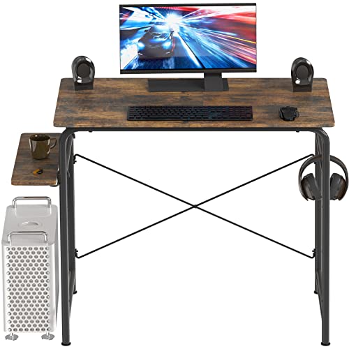 SHW Small Gaming Home Office Computer Desk with Shelf, Rustic Brown