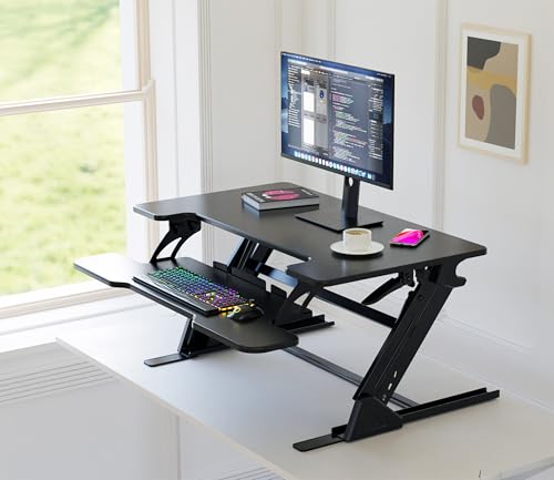 NSY Audio Standing Desk Converter 36 x 24 Inches - Height Adjustable Sit to Stand Riser with Keyboard Tray, Ergonomic Workstation for Home Office, Black