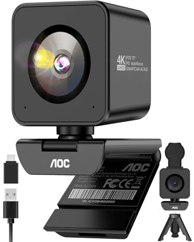AOC 4K Webcam for PC with 1/2.55'' Sensor, 1080P 60FPS Streaming Camera with PDAF Autofocus, Privacy Cover, Plug & Play computer camera 75° FOV for Zoom/Mac/Switch 2, Includes Tripod & USB A-C Adapter