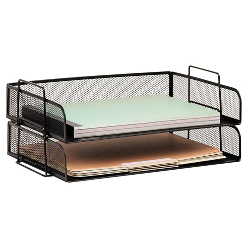 Mind Reader Stackable Paper Tray, Desktop Organizer, File Storage, Office, Metal Mesh, 2 Pcs., Black