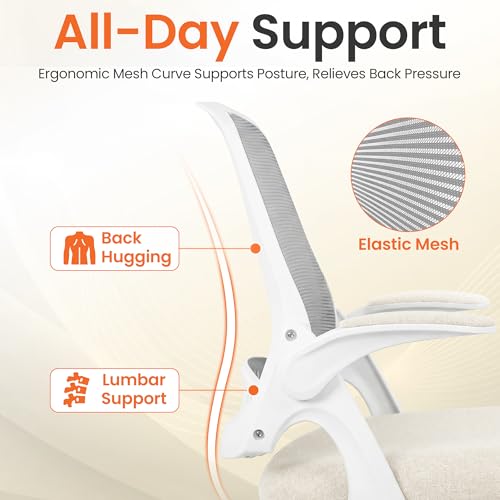 NEO CHAIR Office Chair Computer Desk Chair Ergonomic Gaming Comfy Mesh with Flip-up Arms Lumbar Support Adjustable Height Rolling Wheels for Home Office (Ivory)