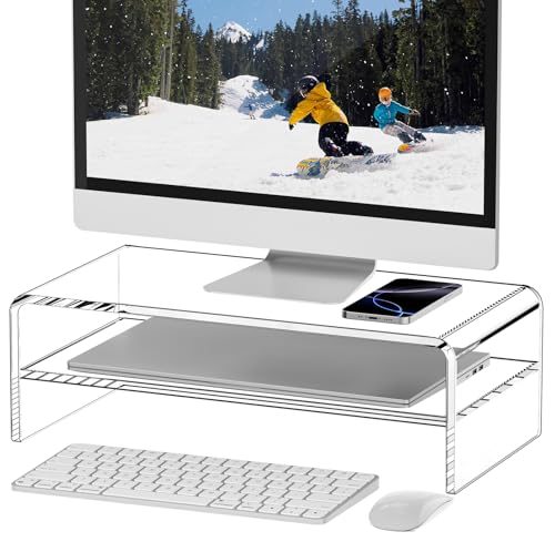 Egchi Clear Acrylic Monitor Stand Riser 2 Tier, 5.12 Inches High Clear Computer Desk Organizer Shelf for Multi Media PC Storage Laptop