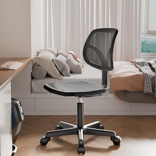 KSYEBT Small Office Desk Chair, Ergonomic Adjustable Home Office Swivel Chairs with Wheels, Comfy Mesh Rolling Computer Desk Task Armless Chair for Home, Bedroom, Study, Adults, Classic Black