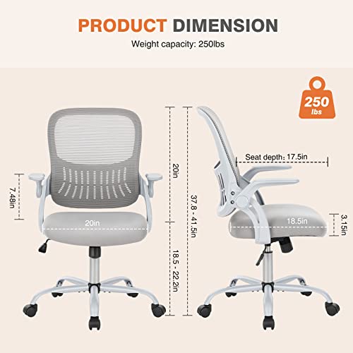 Sweetcrispy Home Office Managerial Executive Chair, Ergonomic Mesh Adjustable Swivel Mid-Back Chair with, Flip-up Arms, Comfortable Lumbar Support, Comfy Arms for Bedroom,Study,Student, Grey