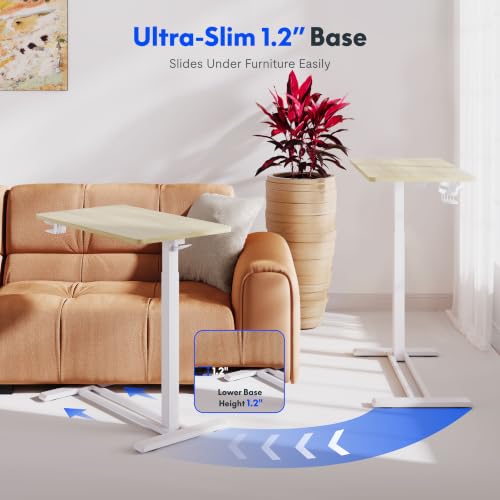 FLEXISPOT H7 Adjustable Overbed Bedside Table with Wheels Pneumatic Mobile Standing Desk Laptop Desk Rolling Computer Cart Movable Overbed Table Hospital Home Use(31.5" W x 17.7" D, White Wood Grain)