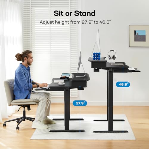HUANUO 55" x 26" Electric Standing Desk with 2 Drawers & 26.7" Large Keyboard Tray, C-Clamp Mount Compatible, Adjustable Computer Desk for Home Office, Stand Up Desk with 4 Height Presets, Black