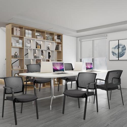 CLATINA Mesh Back Stacking Arm Chairs with Upholstered Fabric Seat and Ergonomic Lumber Support for Office School Church Guest Reception Black 4 Pack Set New Version