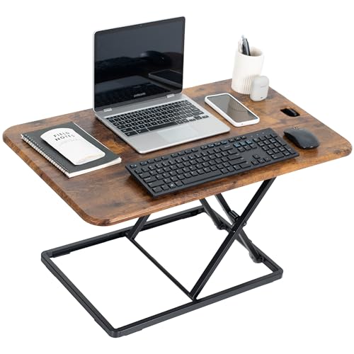VIVO Ultra-Slim 32 Inch Single Top Height Adjustable Standing Desk Riser, Compact Sit Stand Desktop Converter for Monitor or Laptop, Vintage Brown, DESK-V032JN