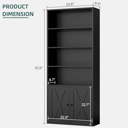 Shintenchi Bookshelf, Industrial Bookshelves and Bookcases with Doors Floor Standing 6 Shelf Display Storage Shelves 70.9 inches Tall Bookcase for Home Office, Living Room (Black)